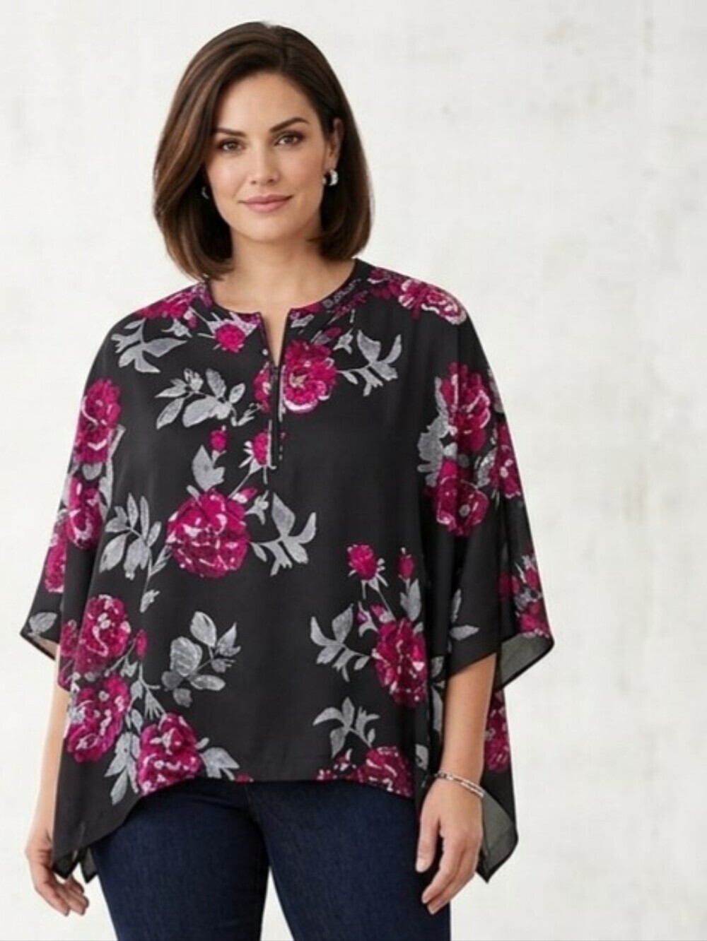 Dana Buchman Black and Pink Asymmetrical Blouse With Bat Wind Sleeves XS